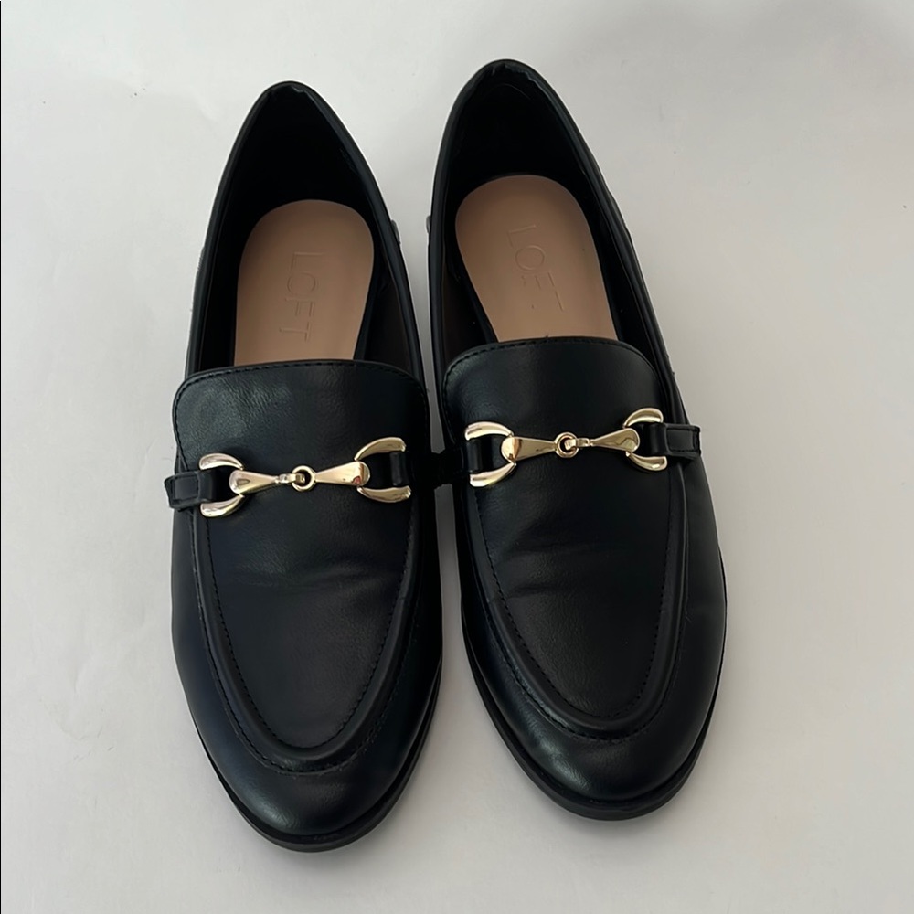 LOFT Black Leather Loafers with Gold Accents
